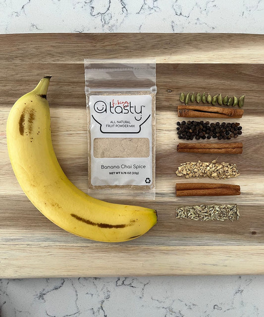 Banana chai product packet with fruit and spices